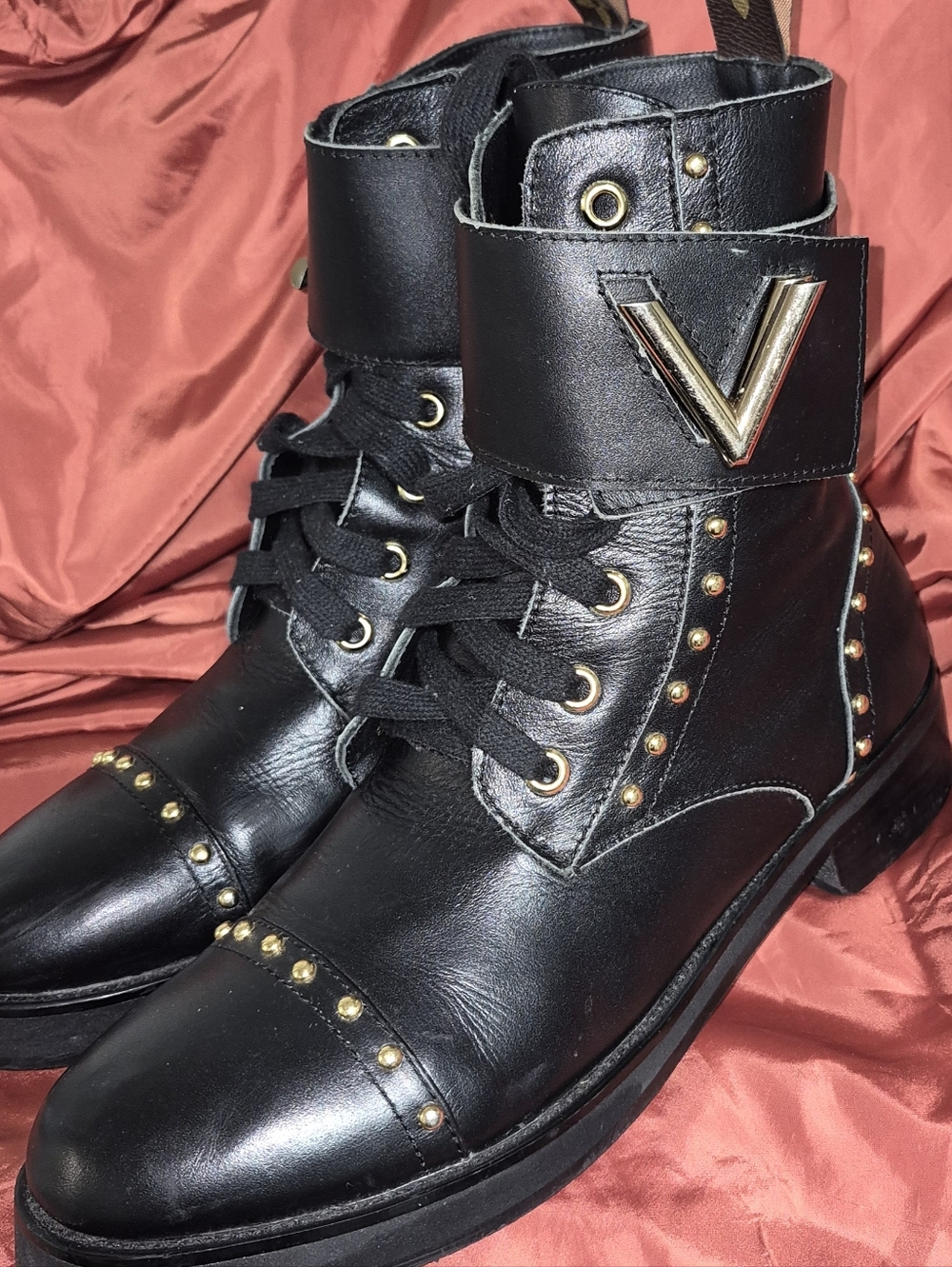 Louis Vuitton Black Black & Studded Leather Combat Boots Size 9 1/2-10